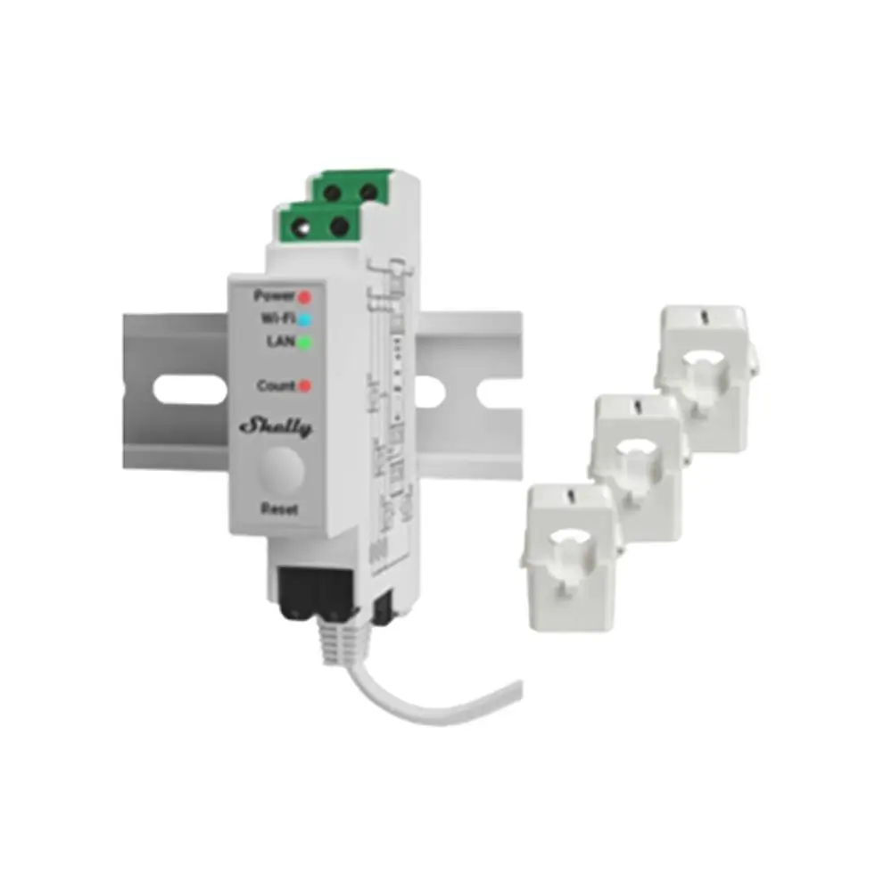Energiezähler von Roth mit mehreren Anschlussklemmen und LED-Anzeigen für Stromversorgung, WLAN und LAN, sowie Resetknopf. Enthalten sind auch Sensoren für die Messung.